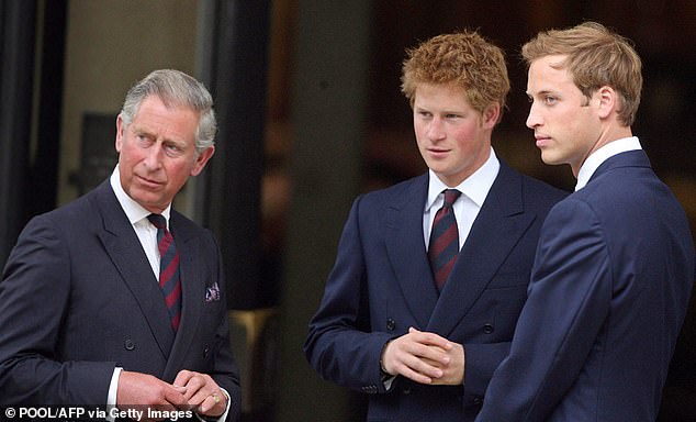 Charles, Harry and William arrive at a memorial marking the tenth anniversary of Diana's death at the Guards' Chapel in London on August 31, 2007