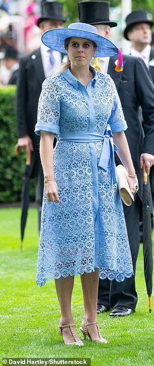 Princess Beatrice at Ascot in 2019 in a light blue Maje dress