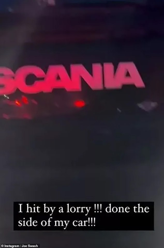 Joe wrote: 'I got hit by a truck!!! Did the side of my car. F**, before later adding a second story to make it clear he was fine