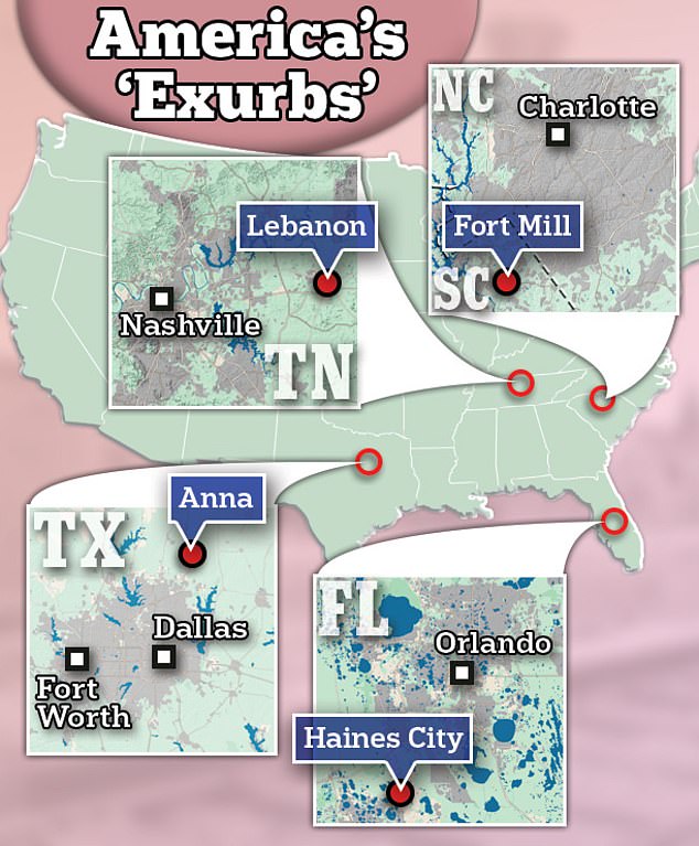 Hotspots include Anna, Texas, near Dallas; Fort Mill, South Carolina, on the outskirts of Charlotte; Lebanon, Tennessee, near Nashville; and Haines City in Polk County, Florida, located between Tampa and Orlando