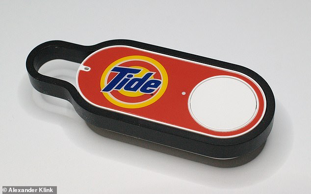 According to an expert, pushing the buttons fuels consumerism. Pictured: Amazon Dash that allows users to reorder their favorite items at the touch of a button