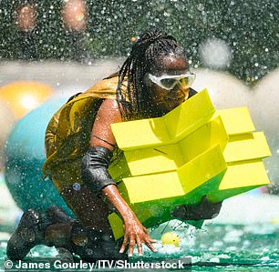 The stars, armed with goggles and elbow and knee pads, cringed as they were attacked from all angles by powerful blasts of water, foam and goo.