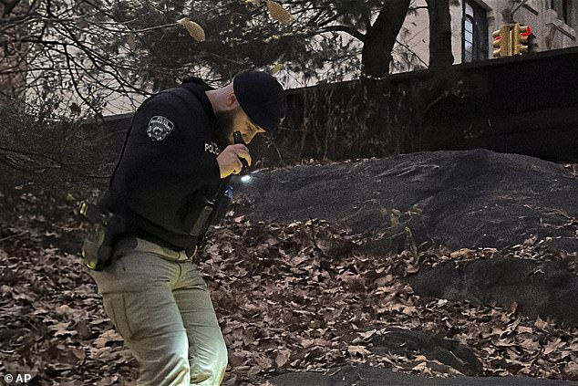 Officers believe they are closing the net on Thompson's killer as the manhunt for him continued Friday. A cop is seen here in Central Park on Friday evening