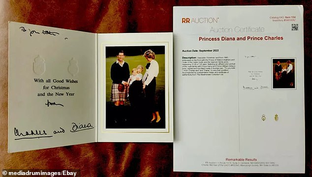 The listing for the 'rare' royal find from 1985 shows a photo of the couple with their children, Princes William and Harry – then aged three and one