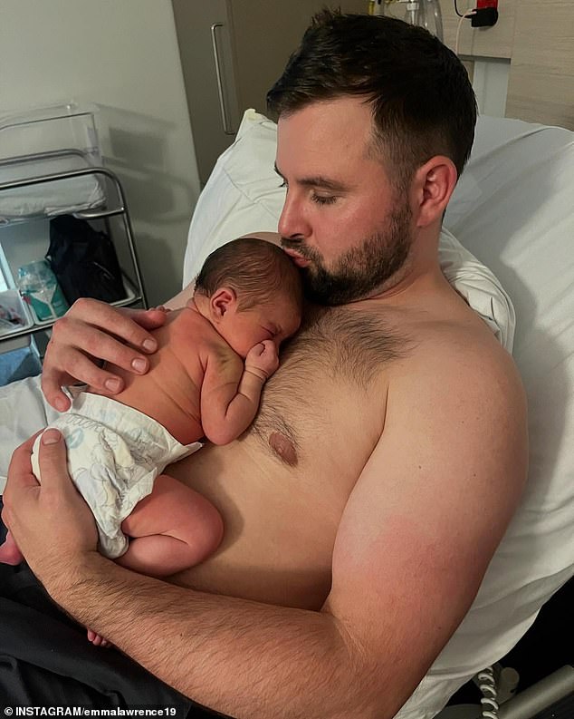 The sportscaster shared several images of herself and the newborn cuddling in the hospital bed, as well as another with shirtless dad Thomas nursing the baby on his chest.