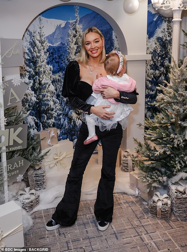 The model, 33, welcomed her first baby with comedian Jack Whitehall in September 2023 and was in high spirits as she attended the magical event in London with the baby in tow