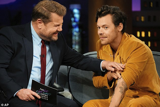 James Corden with pop star Harry Styles, who he considers a friend, on The Late Late Show in 2023