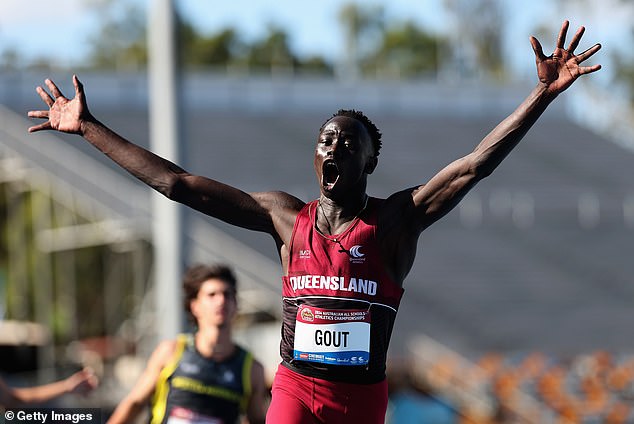 As his profile grows, Gout knows he will be the center of attention most places he goes (pictured, after charging through the field to win the 100m final)