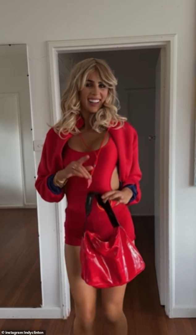 She wore a red bikini swimsuit that showed off her bust, as well as matching red hot pants and a red bolero jacket. Indy showed up in tribute to the iconic blonde bombshell's Baywatch aesthetic