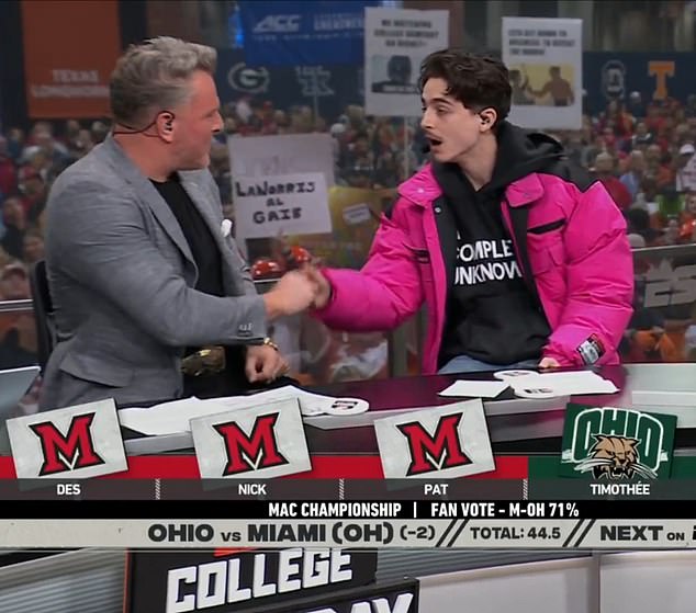 At one point, Chalamet covered for Pat McAfee after picking the Ohio Bobcats to win the MAC