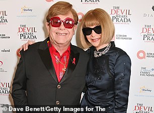 Anna Wintour on the first night of the show The Devil Wears Prada, with Elton John, who wrote the score