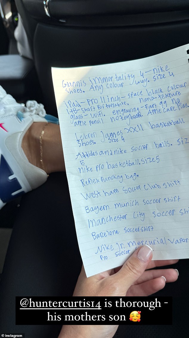 The PR expert posted to Instagram a photo of the handwritten one-page list, filled with lavish items worth just over $4,500