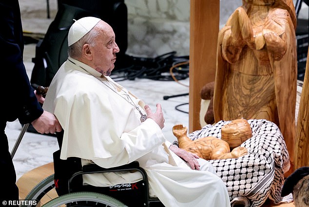 A statement from the wheelchair-bound Pope also saw onlookers humbly asking for peace in the Middle East, weeks after he called for an investigation into what he said could be a 'genocide' taking place in the Gaza Strip .