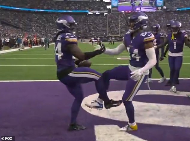 The Vikings' defensemen went through several choreographic steps as their teammates watched