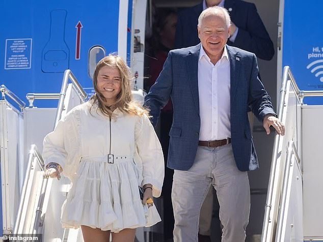 Hope Walz steps off a campaign plane with her father, Governor Tim Walz, for a stop during the campaign trial