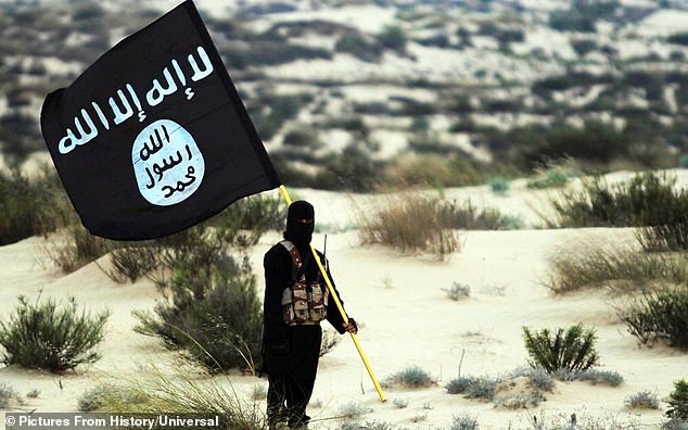 A masked Islamic State soldier poses with the ISIL banner somewhere in the deserts of Iraq or Syria