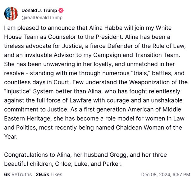 “Alina is a tireless advocate for justice, a fierce defender of the rule of law and an invaluable advisor to my campaign and transition team,” Trump said in a statement