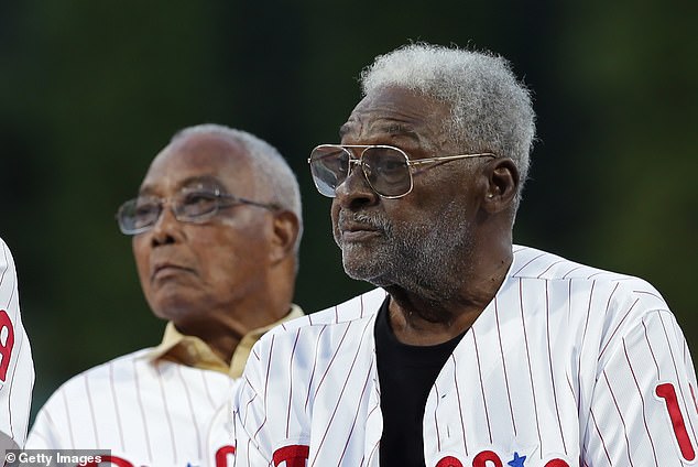 Dick Allen looks on during Bobby Abreu's induction ceremony to the Phillies Wall of Fame before a game against the Chicago White Sox at Citizens Bank Park on August 3, 2019