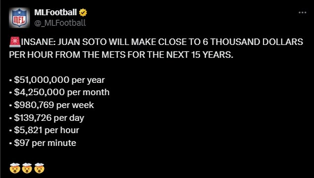 A bevy of amateur accountants did the math on social media after reports of the deal first surfaced, although the exact figures varied because Soto's deal includes unspecified bonuses.