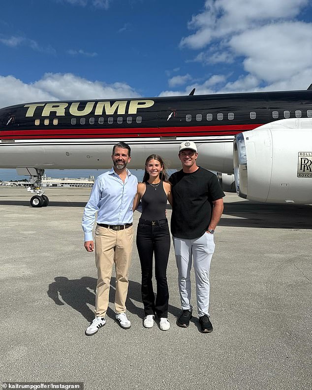 DeChambeau is pictured with Donald Trump Jr. (L) and Kai near the SpaceX Starship rocket