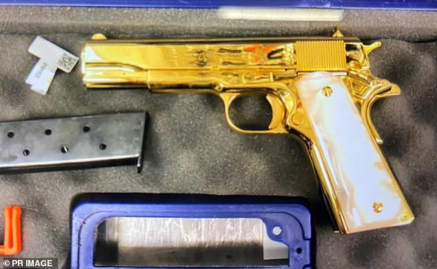 The court heard that American had searched online to see if she could have a gun in her suitcase (pictured the gold gun, worth about $3,000) during her trip to Australia.