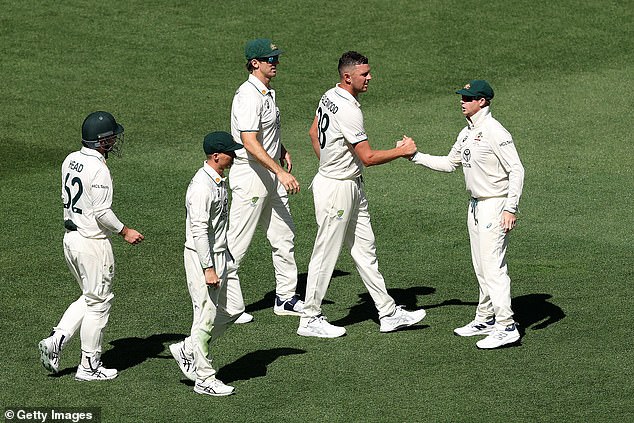 The pace bowler (second from right) did not feature in the second Test in Adelaide due to a side strain