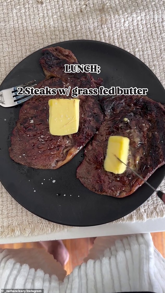 For lunch he is served two steaks with knobs of grass-fed butter, and for dinner there is more steak