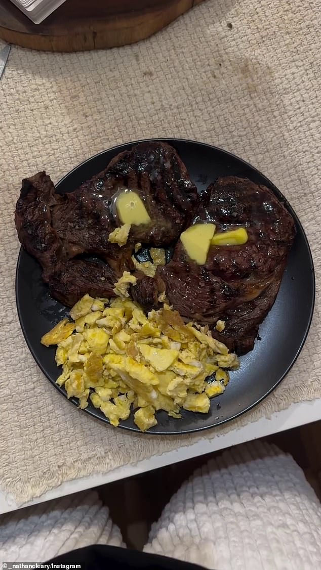 Three eggs cooked in beef fat and two steaks form his last main meal, followed by a 'dessert'