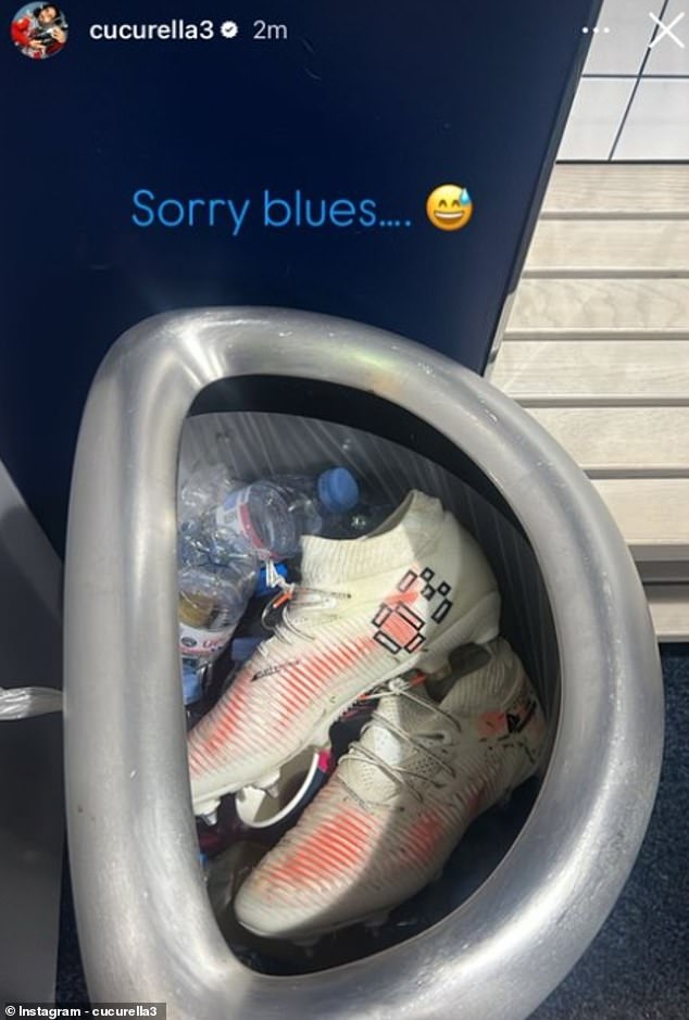 After the match, Cucurella shared a photo of the boots in the trash with the caption: 