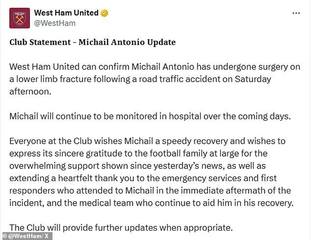 West Ham released a statement on Sunday afternoon confirming that Antonio has undergone surgery