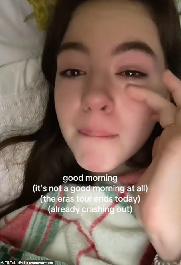 Ellie @ellielovesevermore filmed herself sobbing and wrote: 'Good morning (it's not a good morning at all) (eras tour ends today) (already crashing out)