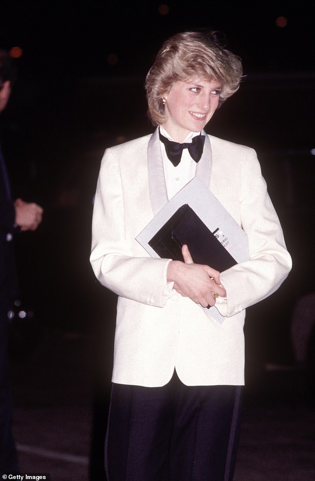 Princess Diana attended a Genesis concert in Birmingham in 1984 wearing a Margaret Howell tuxedo. Her white tuxedo jacket contrasted with her satin pants and bow tie