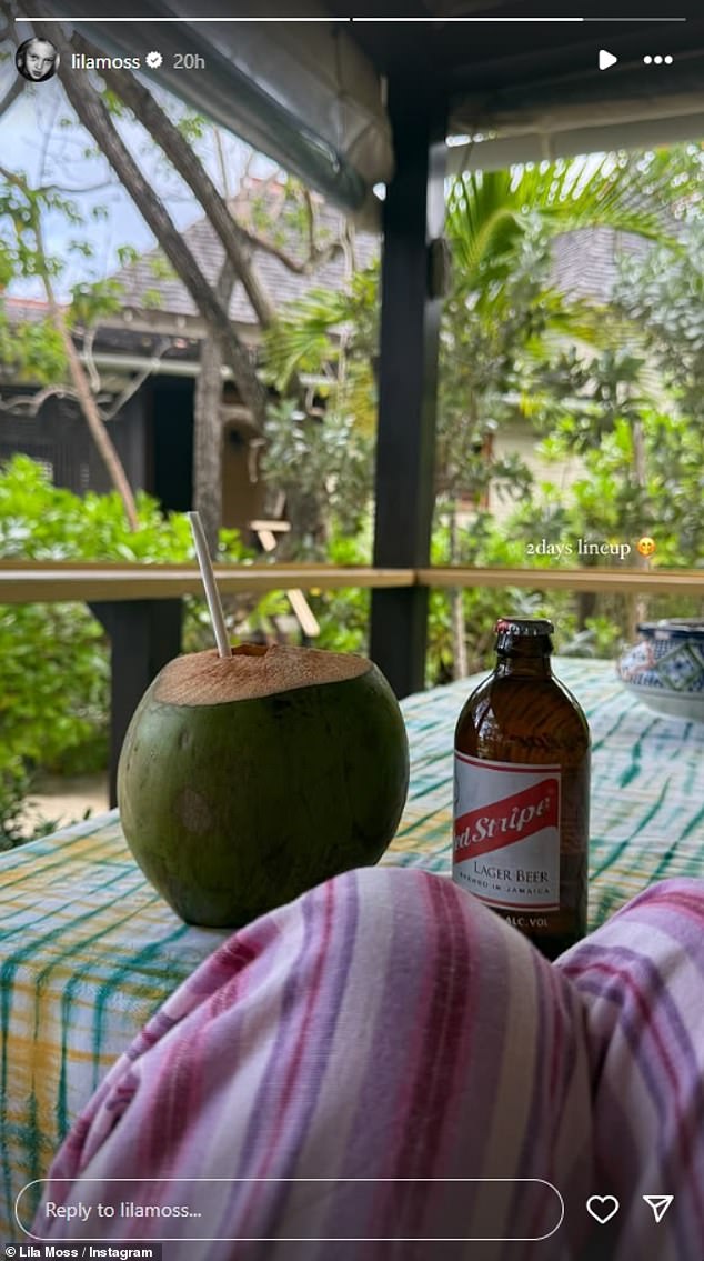 The blonde beauty also shared a moment of relaxing outdoors with a Red Stripe beer and coconut water as she made the most of her free time