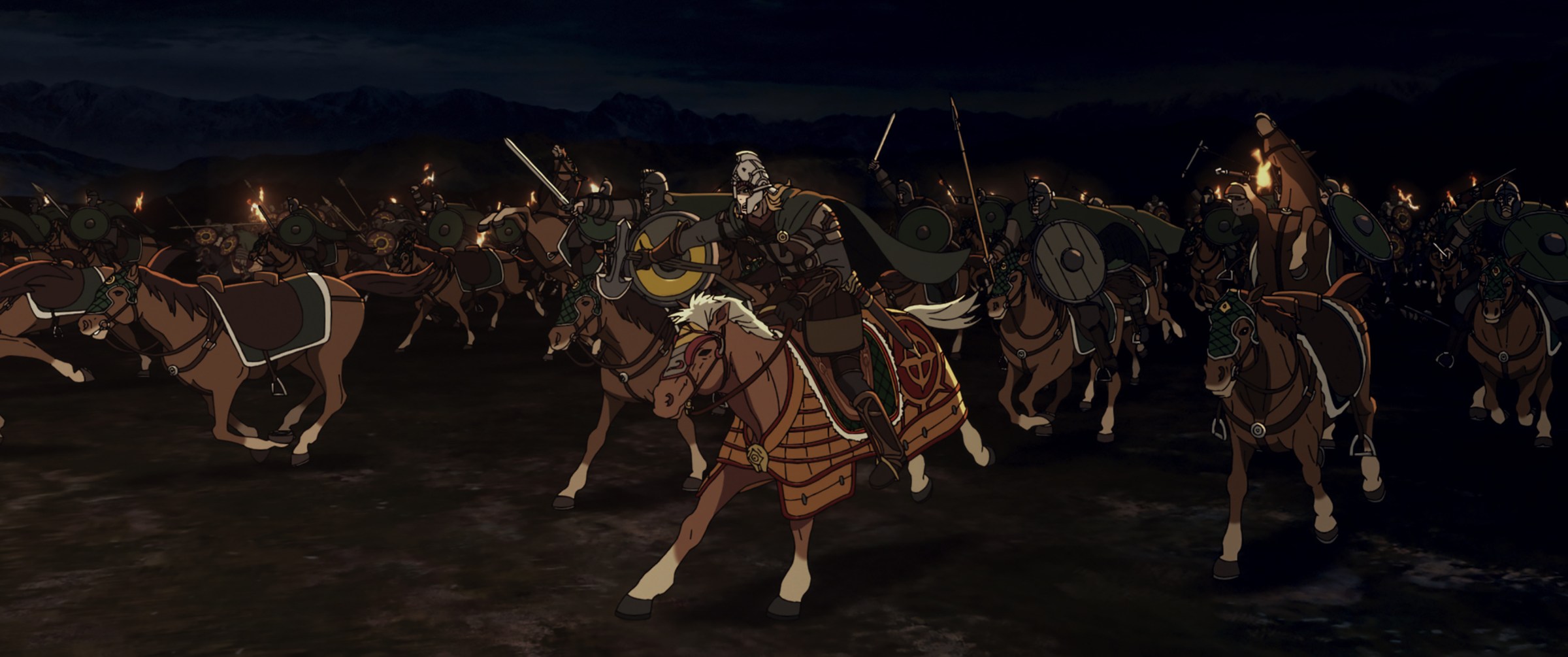 A small army of horses charges, armored riders raising their weapons, in the animated film The Lord of the Rings: The War of the Rohirrim