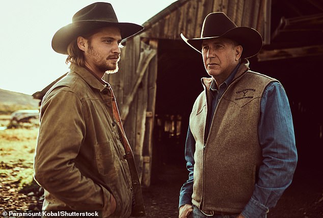 Kevin, seen here with Luke Grimes, on the set of his hit series Yellowstone, which he retired from