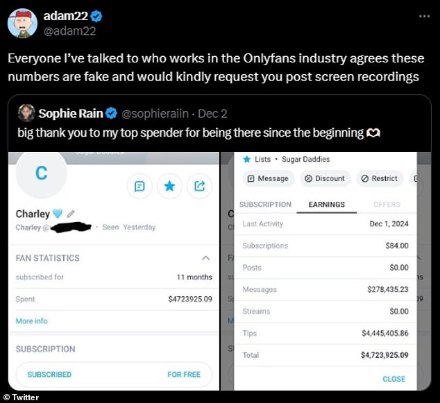 Sophie was called out by podcaster and male porn star Adam22, who accused her of photoshopping her earnings for media attention