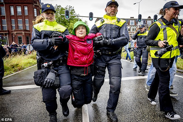 Greta Thunberg was taken away by police when they fired a water cannon at demonstrators protesting against fossil fuels in the Netherlands earlier this year