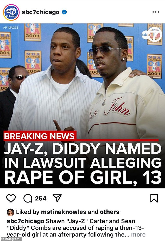 The 70-year-old 'liked' an Instagram post from ABC (shown above) announcing the news that his son-in-law was accused of raping a 13-year-old girl with Sean Combs