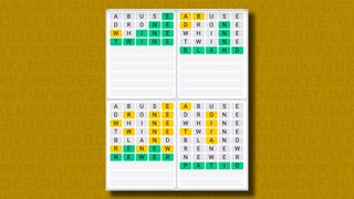 Quordle Daily Sequence Answers for Game 1051 on a Yellow Background