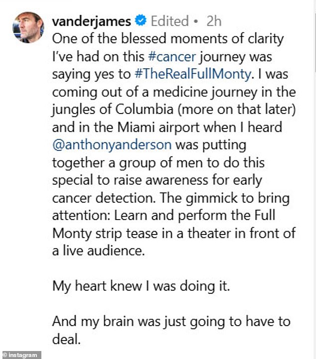 Sharing a teaser for the special via Instagram on Sunday, he wrote in a caption to his 1.6 million followers: 'One of the blessed moments of clarity I've had during this #cancer journey was saying yes to #TheRealFullMonty'