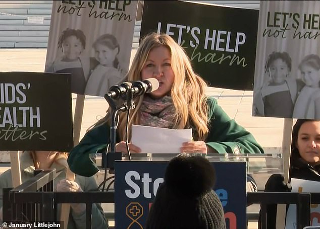 January Littlejohn, of Tallahassee, Florida, is pictured speaking outside the Supreme Court as it weighed the legality of a Tennessee law banning puberty blockers and hormone therapy for minors