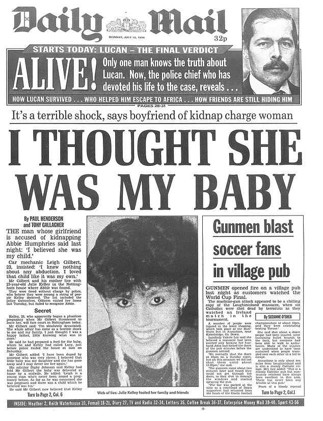 The front page of the Daily Mail on Monday 13 July 1994 with the headline 'I thought she was my baby'