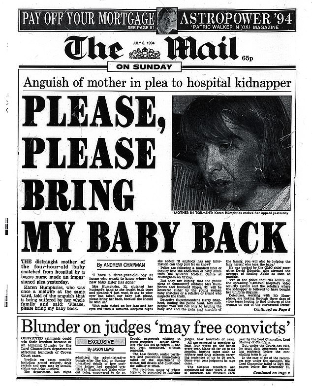 Pictured: A Mail on Sunday front page report about the 1994 kidnapping