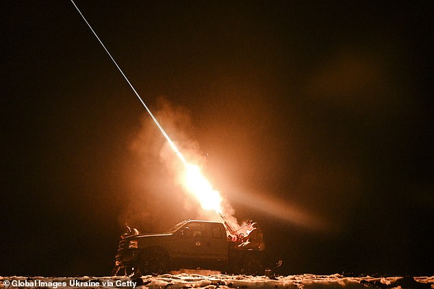 Ukrainian soldiers from the Mobile Air Defense Unit fire a machine gun at Russian drones during night patrols on December 2