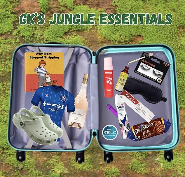 Her essentials also included a pair of Crocs slippers, a book titled “Why Mom Stopped Stripping,” fake eyelashes, dark chocolate digestive biscuits, deodorant, rescue spray with straw and a silky sleep mask.