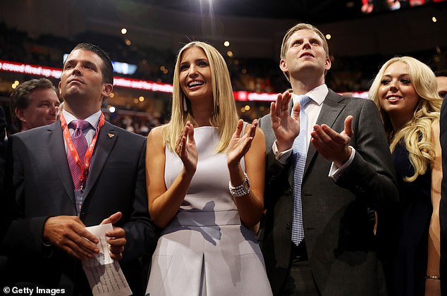 Donald Trump Jr. (L), Ivanka Trump (C), Eric Trump (2nd from right) and Tiffany Trump (R) participate in the roll call on the second day of the Republican National Convention on July 19, 2016