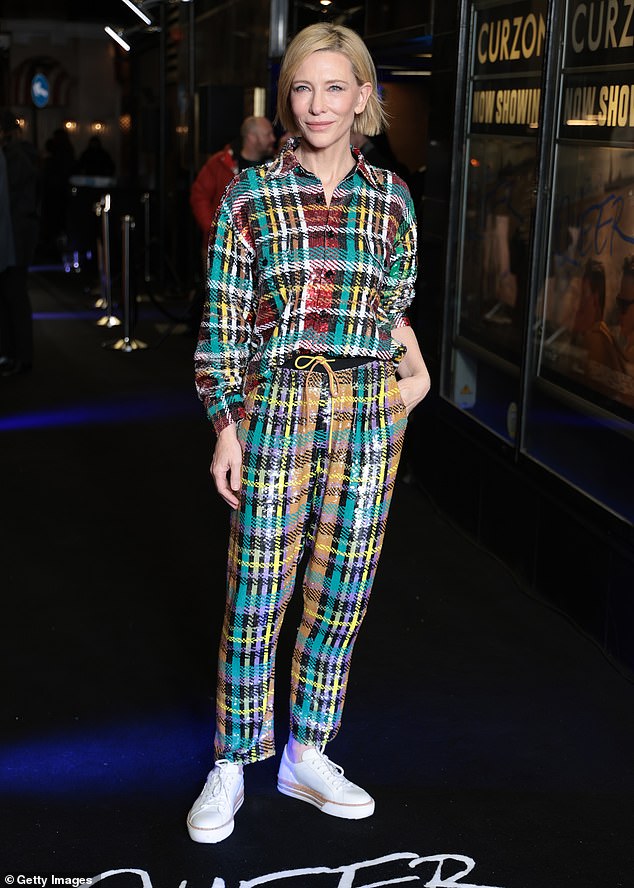 The actor was joined at the screening by actress Cate Blanchett, who turned heads in a multi-colored checked shirt and pants co-ord