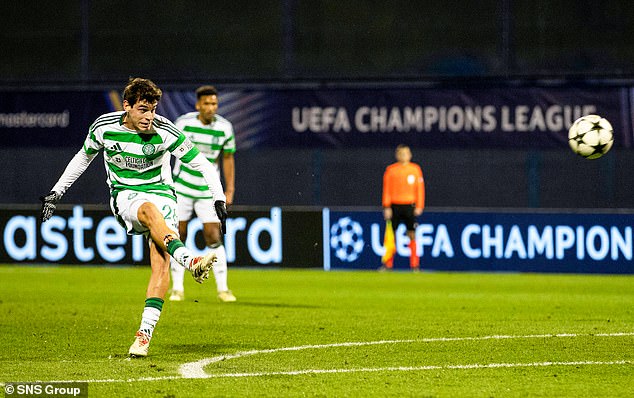 Paulo Bernardo curls a free kick over the crossbar in the first half as Celtic threaten