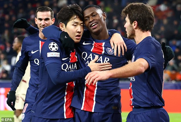 Nuno Mendes (centre) also scored in PSG's first Champions League win since September