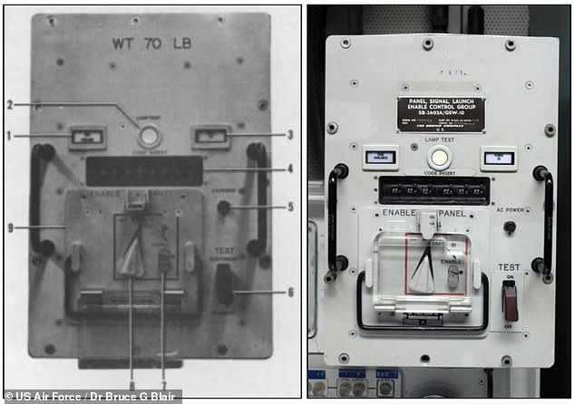 The telltale technical manual also included a grainy image of the 'launch enable panel' (left) instructing USAF personnel to enter the eight-digit code. 'It says eight "code insert thumbwheel switches," all zeroed out,” Dr. noted. Blair on (right, the corrected later panel)